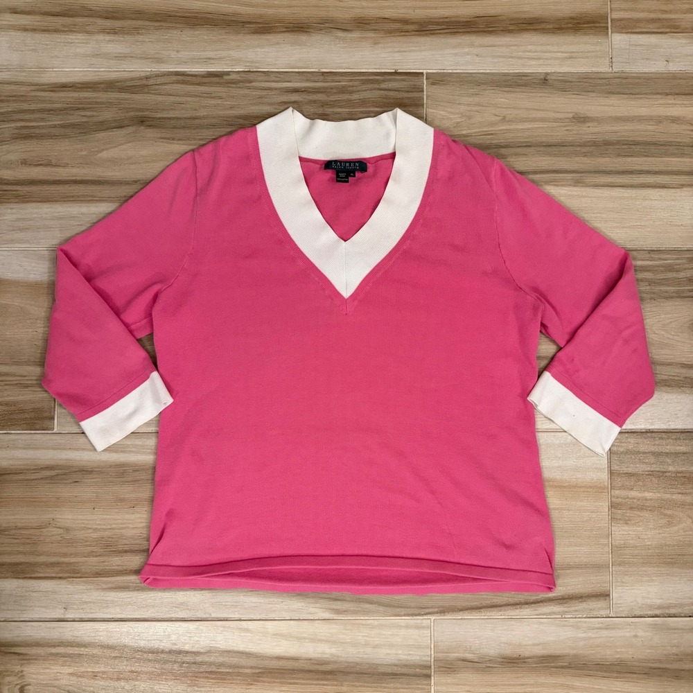 Lauren Ralph Lauren Pink Cotton V-Neck Sweater 3/4 Sleeve XL White Trim